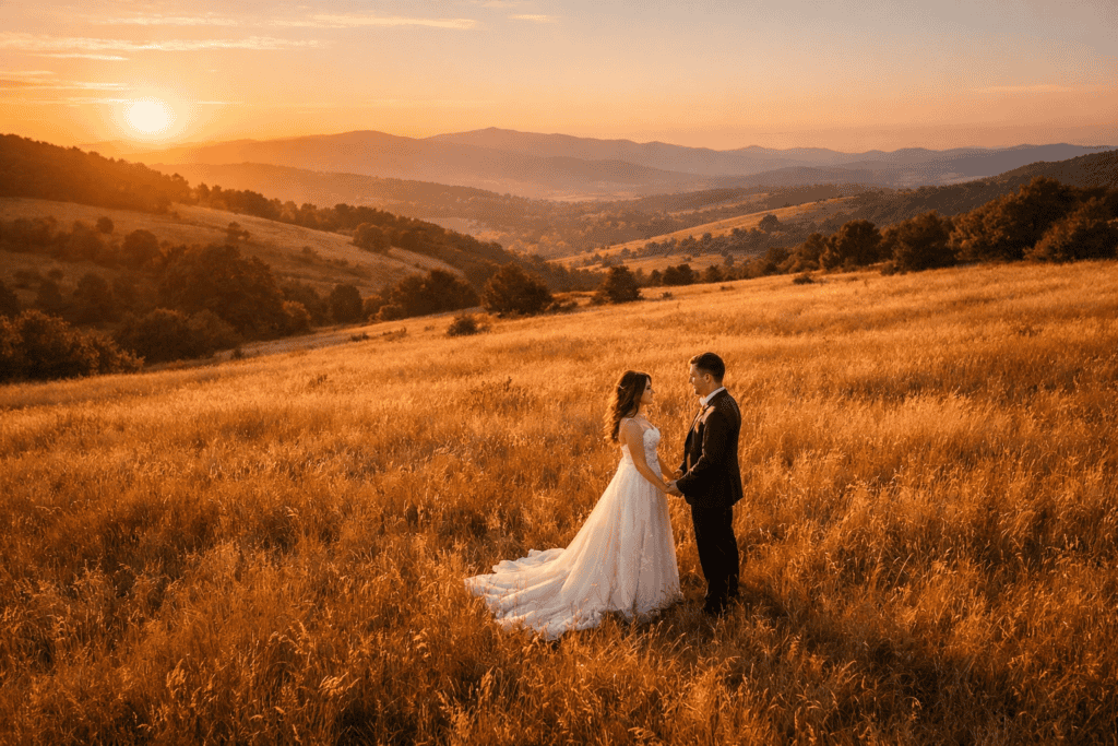 Brautpaar bei Sonnenuntergang in der Natur, romantische Hochzeitsstimmung.
